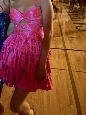 Sherri Hill Sparkling Hot Pink Strapless Tiered Party Dress